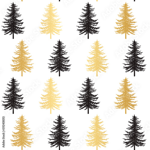 Christmas tree seamless pattern. Noel gold print  New year winter holiday decoration  golden christmas background with firs and white snow  wallpaper  wrapping paper design