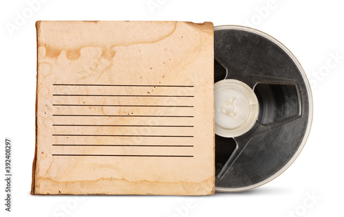 Valokuva Vintage old magnetic audio tape reel with box