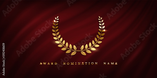 Award ceremonyposter template. Golden laurel wreath isolated on red wavy curtain background. Vector awarding banner design.