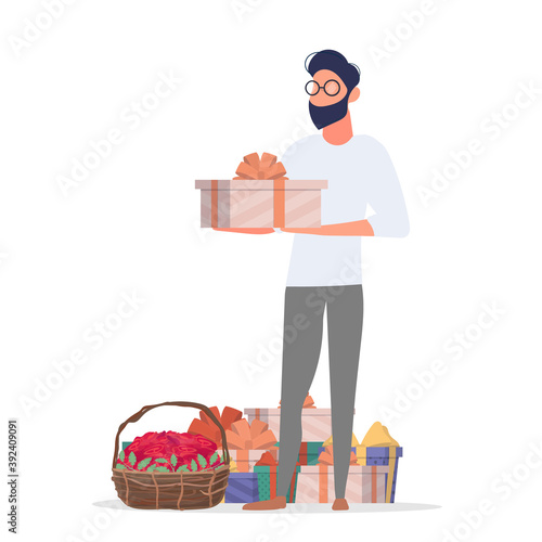 The guy is holding a gift. A man, a lot of gifts, a basket of roses. Suitable for the theme of the New Year, Valentine's Day and Birthday. Vector.