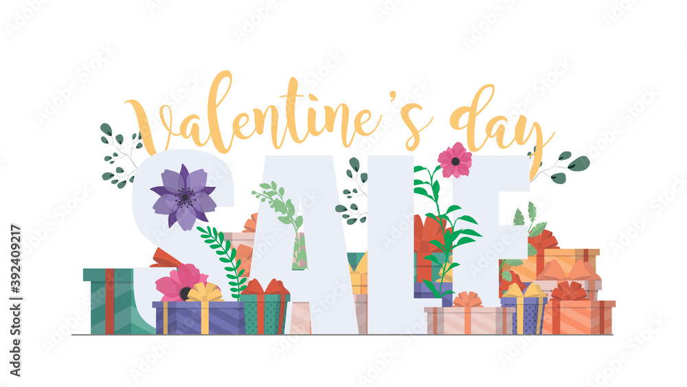 Valentine's day sale. Lettering on the theme of Valentine's Day. Flowers, gifts, vintage lettering. Isolated. Vector.