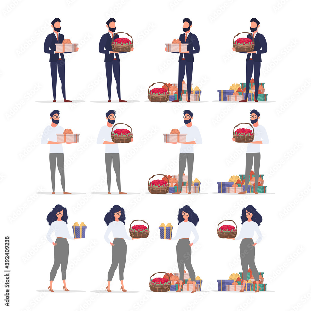 Set of people with gifts. Good for design on the theme of holidays, new year, Valentine's Day or birthdays. Isolated. Vector.