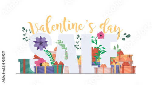 Valentine s day sale. Lettering on the theme of Valentine s Day. Flowers  gifts  vintage lettering. Isolated. Vector.