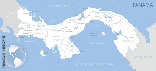 Blue-gray detailed map of Panama administrative divisions and location on the globe. photo