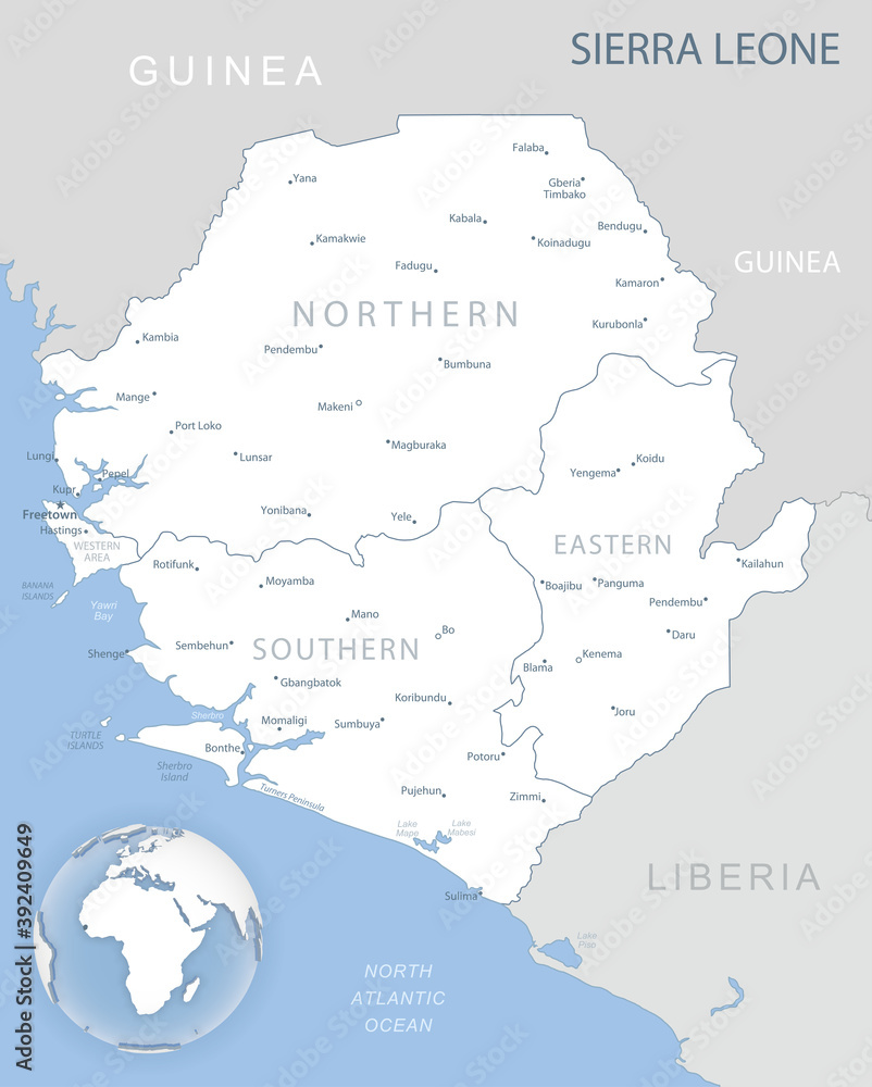 Blue-gray detailed map of Sierra Leone administrative divisions and location on the globe.