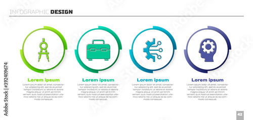 Set Drawing compass, Toolbox, Algorithm and Human head with gear inside. Business infographic template. Vector.