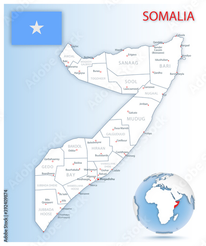 Detailed Somalia administrative map with country flag and location on a blue globe.