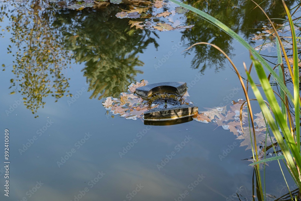 Naklejka premium Skimmer Messner floats on surface of water in pond. Close-up. Beautiful and clean pond. Skimmer collects leaves, dirt and other foreign objects from surface of water. There is place for text.