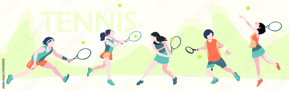 Tennis player training. Athlete hitting a ball. Championship tournament. Isolated vector illustration 