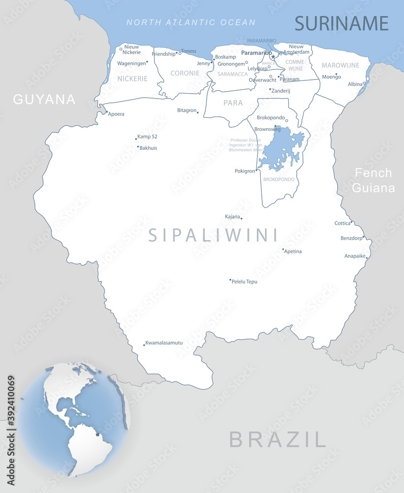 Blue-gray detailed map of Suriname administrative divisions and location on the globe.