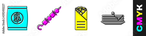 Set Hard bread chucks crackers, Grilled shish kebab, Doner kebab and Stack of pancakes icon. Vector.