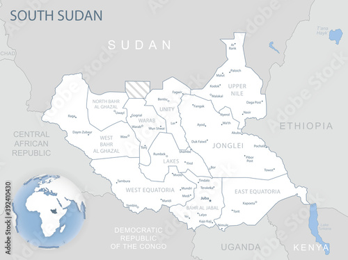 Blue-gray detailed map of South Sudan administrative divisions and location on the globe.