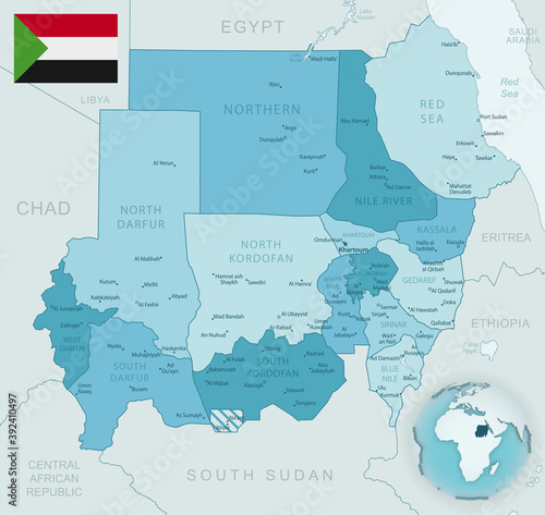 Blue-green detailed map of Sudan administrative divisions with country flag and location on the globe.