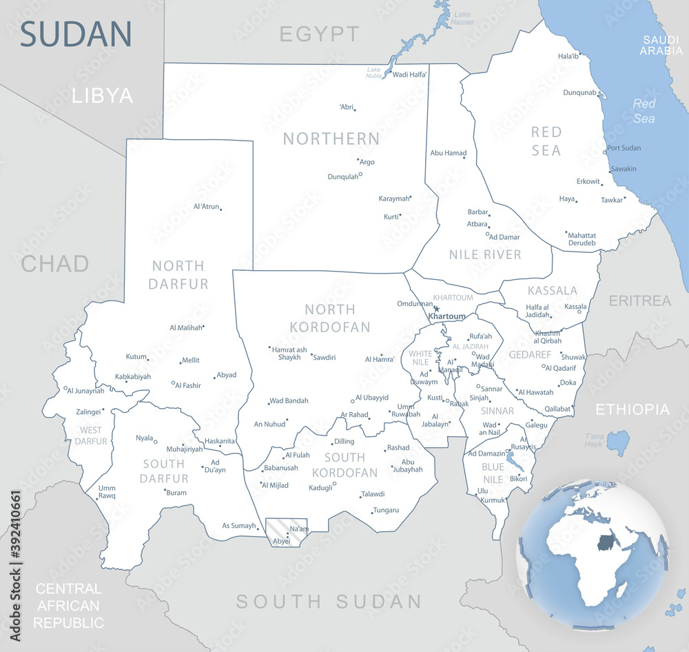 Blue-gray detailed map of Sudan administrative divisions and location on the globe.