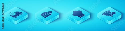 Set Isometric Fast delivery by car, Online ordering burger delivery, Online ordering pizza delivery and Chef hat icon. Vector.
