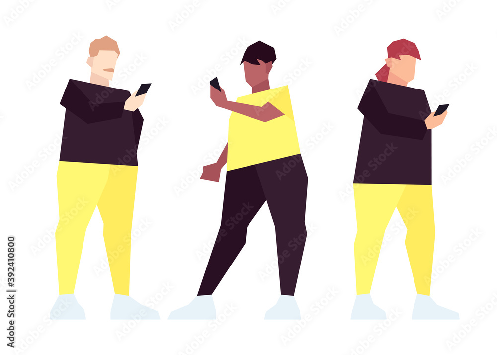 Fototapeta premium Set of low poly overweight people with smartphones isolated on white background. Vector illustration