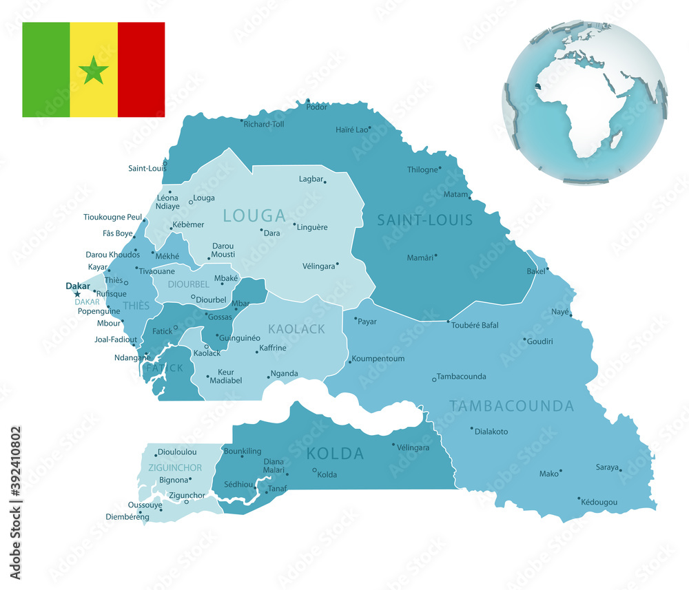 Obraz premium Senegal administrative blue-green map with country flag and location on a globe.