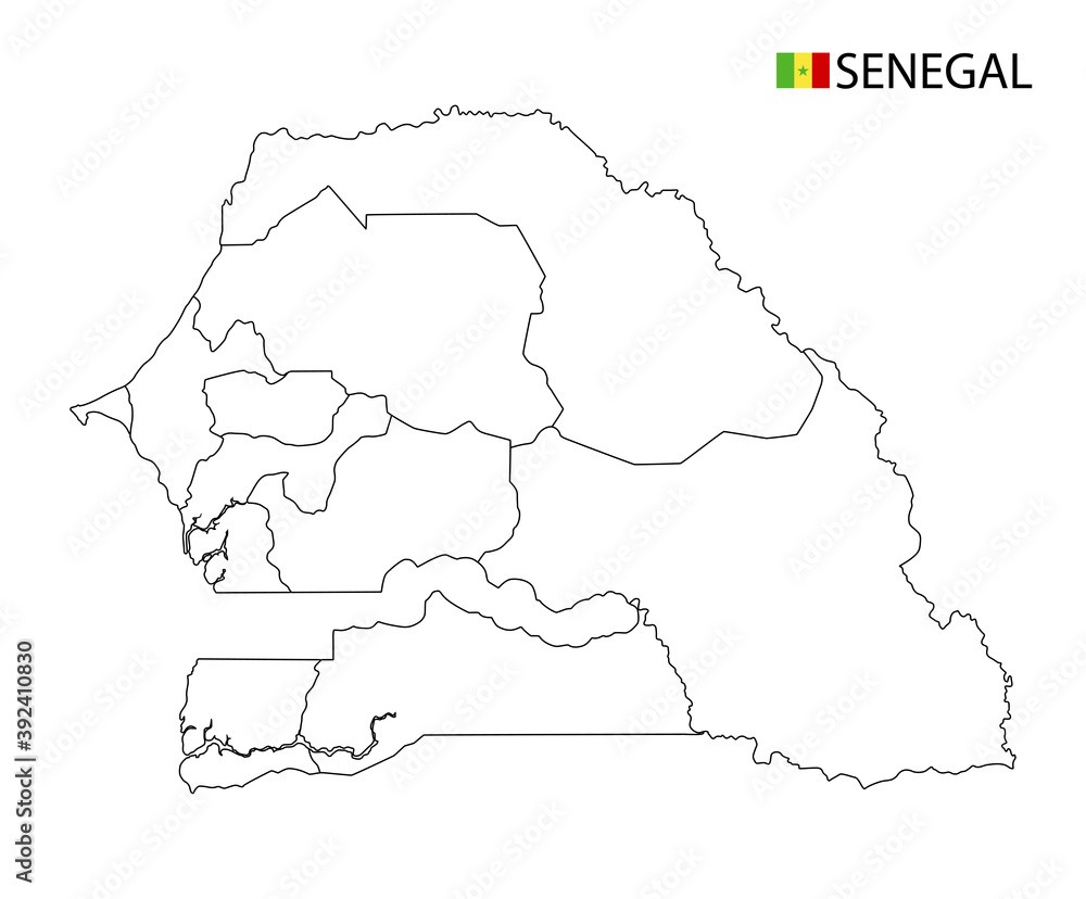 Senegal map, black and white detailed outline regions of the country.