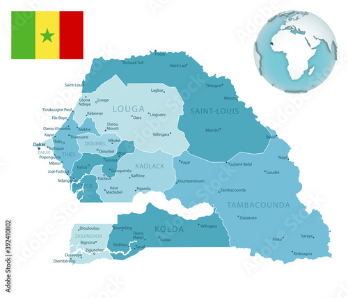Fototapeta Naklejka Na Ścianę i Meble -  Senegal administrative blue-green map with country flag and location on a globe.