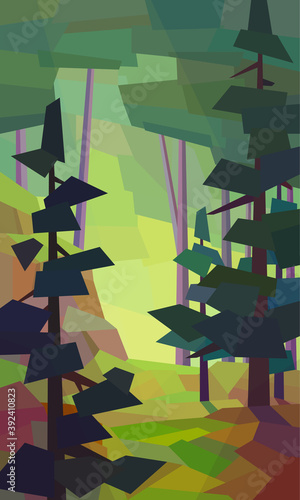 Low poly forest landscape. Spruces, trees, sunlight. Vector illustration