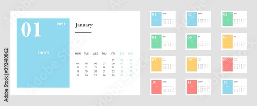 Calendar 2021, Set Desk Calendar template design with Place for Photo and Company Logo. Week Starts on Monday. Set of 12 Months.