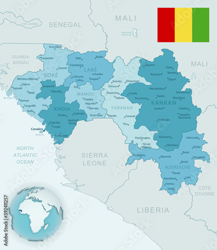 Blue-green detailed map of Guinea administrative divisions with country flag and location on the globe.