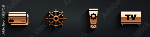 Set Credit card, Ship steering wheel, Sunscreen cream in tube and Smart Tv icon with long shadow. Vector.
