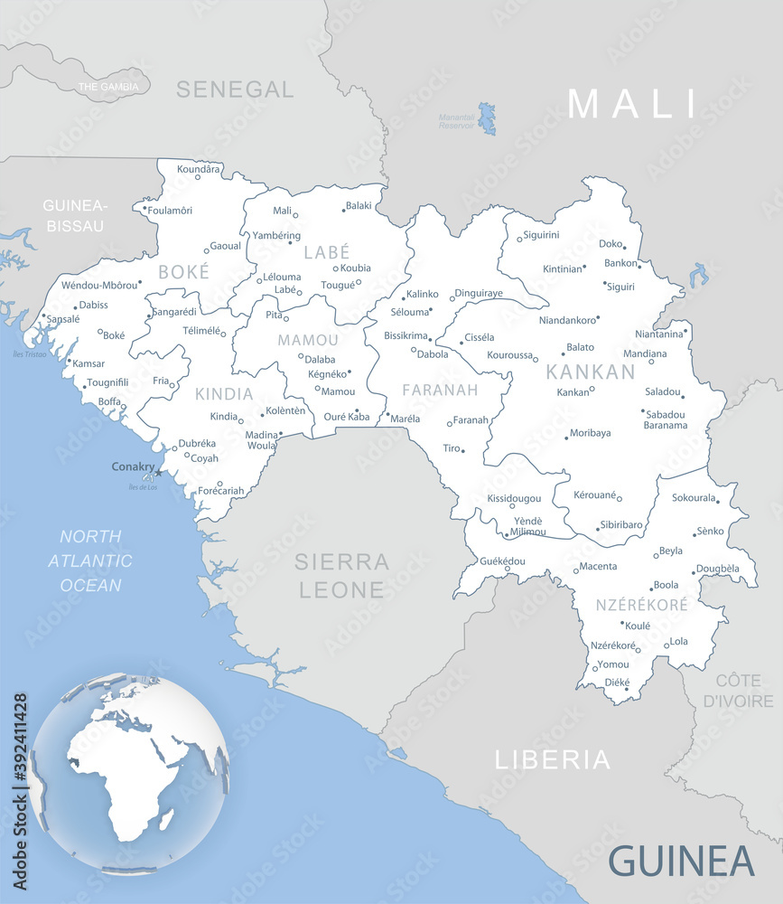 Blue-gray detailed map of Guinea administrative divisions and location on the globe. Vector illustration