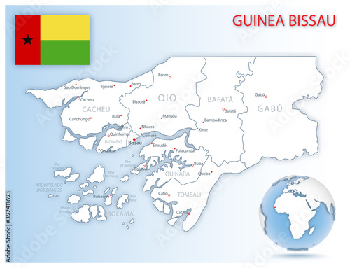 Detailed Guinea-Bissau administrative map with country flag and location on a blue globe. Vector illustration photo