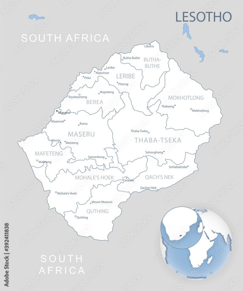 Fototapeta premium Blue-gray detailed map of Lesotho administrative divisions and location on the globe. Vector illustration