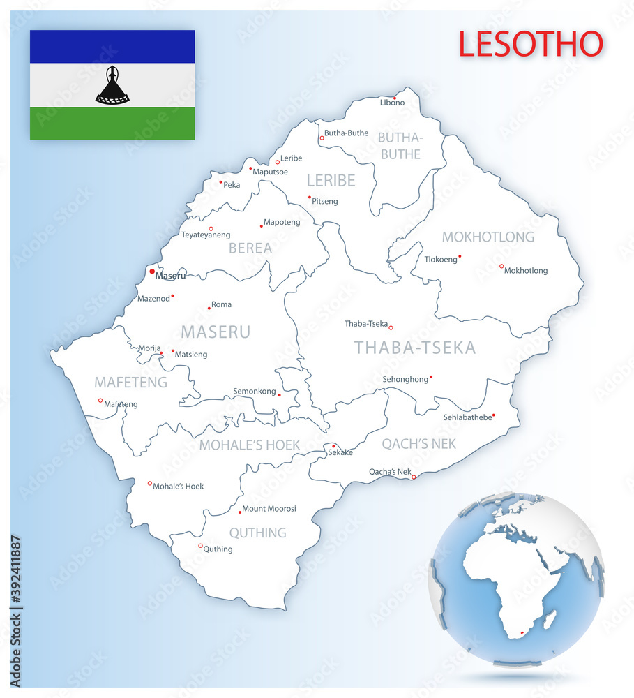 Detailed Lesotho administrative map with country flag and location on a blue globe. Vector illustration
