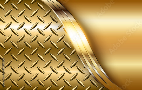 Gold metal background, golden 3D elegant shiny metallic design with diamond plate pattern, vector illustration.