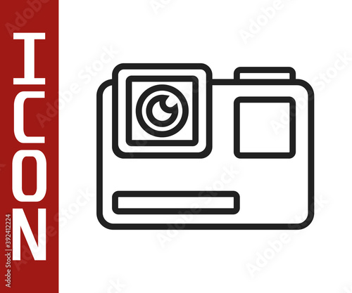 Black line Action extreme camera icon isolated on white background. Video camera equipment for filming extreme sports. Vector Illustration.
