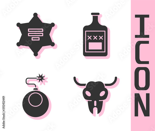 Set Buffalo skull, Hexagram sheriff, Bomb ready to explode and Whiskey bottle icon. Vector.