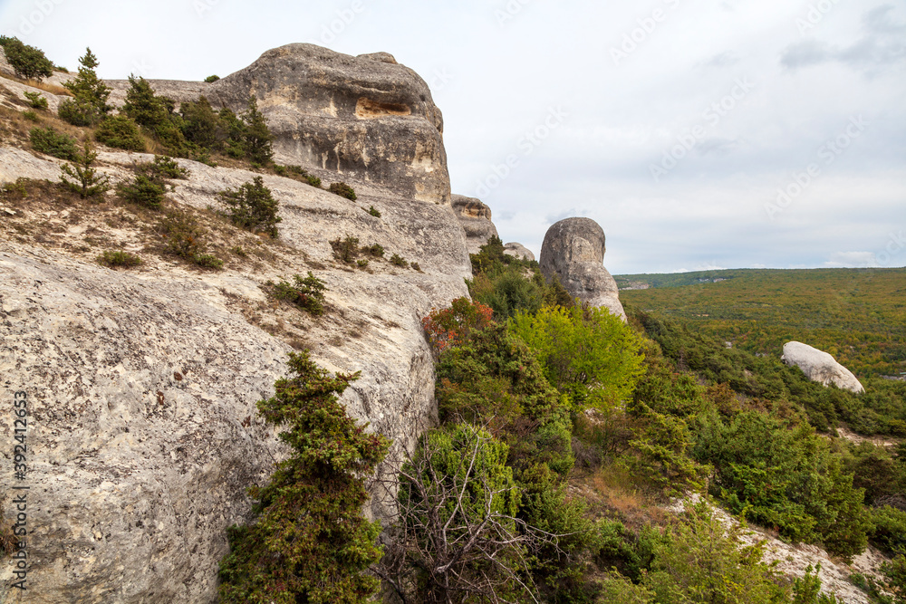 Russia.  Bakhchisaray, Crimea. Residential caves inside ancient city Chufut Kale,These artificial 'buildings' used by ancients for living, food storage, animal sheds