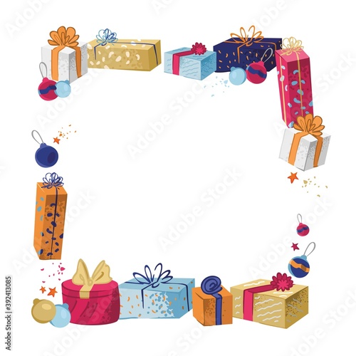 Square frame with decorative colored gifts hand drawn in flat style on white background. Holiday template for text. Christmas, new year and birthday background. Cute cartoon vector illustration.