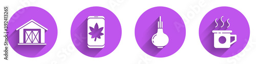 Set Farm house, Leaf on mobile phone, Onion and Cup of tea icon with long shadow. Vector.