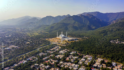 Aerial view of Shah Faisal mosque is the masjid in Islamabad, Pakistan. Located on the foothills of Margalla Hills. The largest mosque design of Islamic architecture
 photo