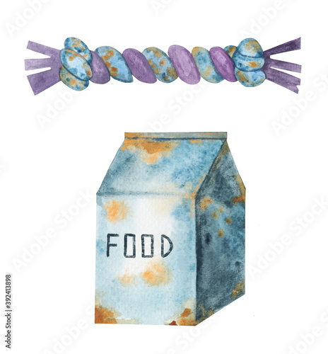 Watercolor pet toy and dry food pack. Hand painted cute illustration with dog and cat supplies and accesssory in blue and violet colors. Ideal for pet shops, articles, hame design. photo