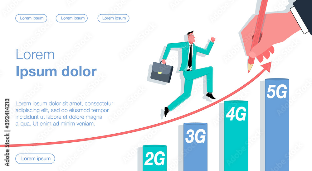 A businessman with a diplomat rises according to a graph from the Internet along an arrow drawn by a large hand 5g. Vector illustration showing the progress of the Internet and wireless communica A businessman with a diplomat rises according to a graph from the Internet along an arrow drawn by a large hand 5g. Vector illustration showing the progress of the Internet and wireless communica