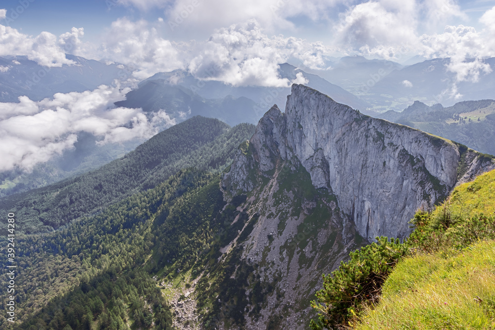 Fototapeta premium Mountain ridge at the Schafberg, seen from the mountain station of the rack railway