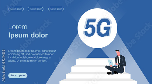 A businessman sits on the stairs that leads to the icon 5G. Laptop in hand, the spotlight shines on the icon 5G. Vector illustration showing the progress of the Internet and wireless communication