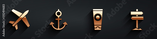 Set Plane, Anchor, Sunscreen cream in tube and Road traffic signpost icon with long shadow. Vector.