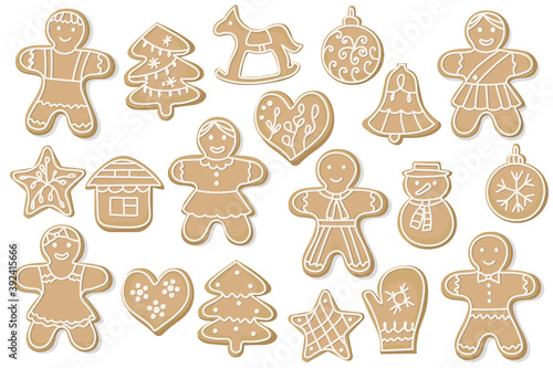 set of Christmas gingerbread. sweet cookies in the form of a man, at home, snowman, heart and other items. delicious baking for the holiday. Symbols of Happy New Year and Christmas. Vector