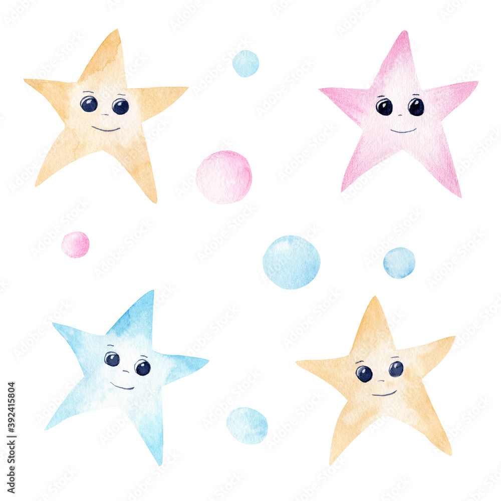 Colorful watercolor smiling starfish and drops. Hand drawn clipart set for invitations, greeting cards, party decor.