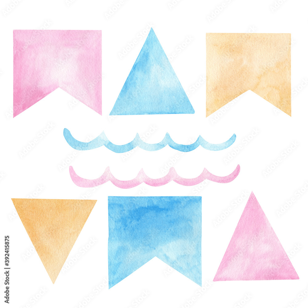 Watercolor party festoons, flags, wave. Hand drawn clipart. Illustration set for birthday decorations, greeting cards.
