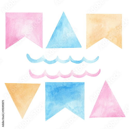 Obraz na płótnie Watercolor party festoons, flags, wave. Hand drawn clipart. Illustration set for birthday decorations, greeting cards. w salonie