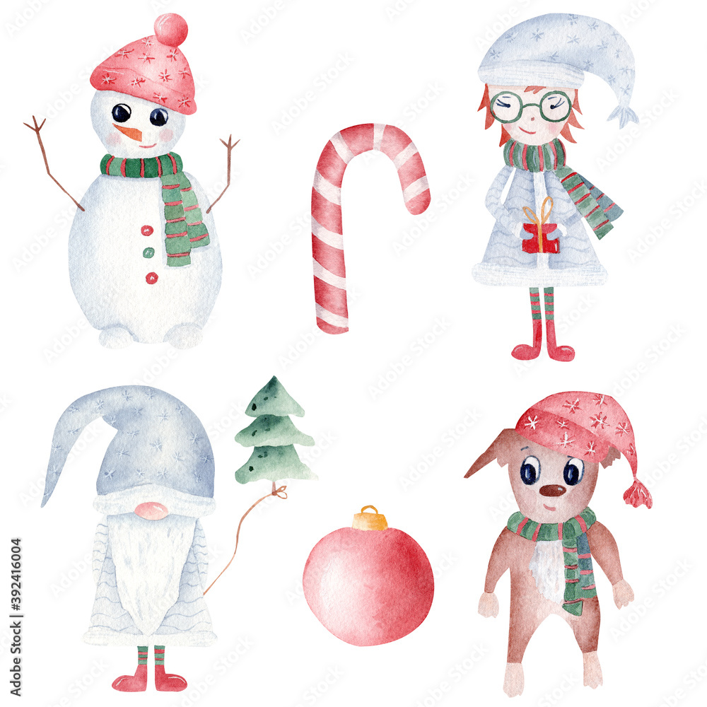 Watercolor Christmas clipart set. Hand painted snowman, gnome, xmas girl and dog. Printable winter holidays decoration.