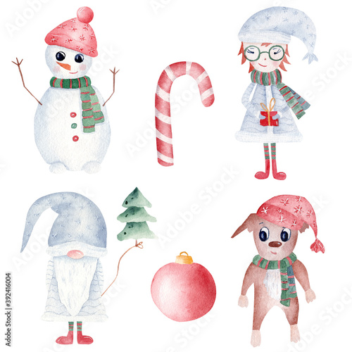 Obraz na płótnie Watercolor Christmas clipart set. Hand painted snowman, gnome, xmas girl and dog. Printable winter holidays decoration. w salonie