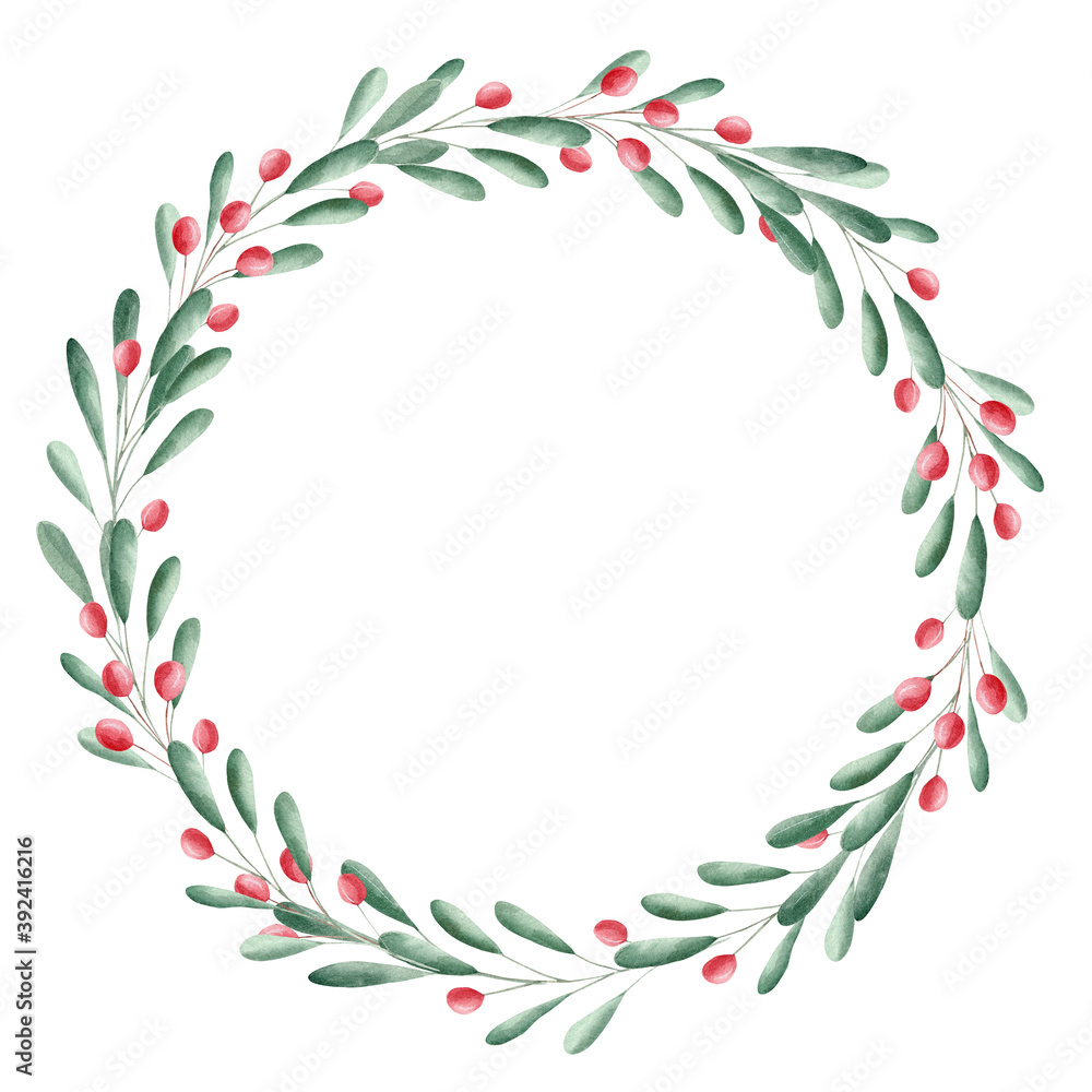 Watercolor greenery and red berries wreath. Christmas clipart.